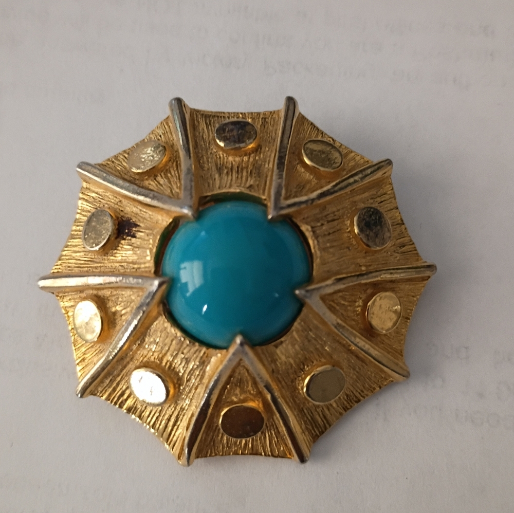 ❤️Vintage VANS AUTHENTIC Signed and Numbered Turquoise and Gold Brooch Pendant